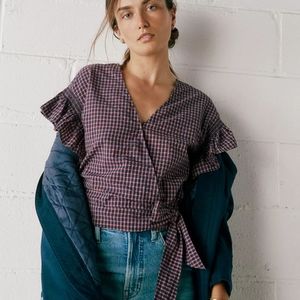 Madewell Navy & Red Flutter-Sleeve Side-Tie Wrap Top In Plaid